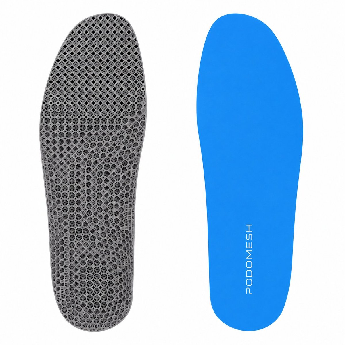 Pair of shoe insoles showing gray textured bottom and blue top side with Pododesh branding