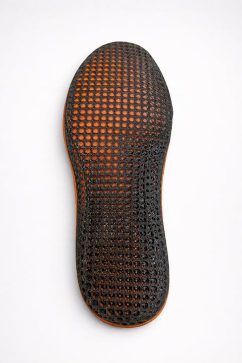 Bottom view of a gray mesh athletic shoe sole with orange accents and perforated dot pattern