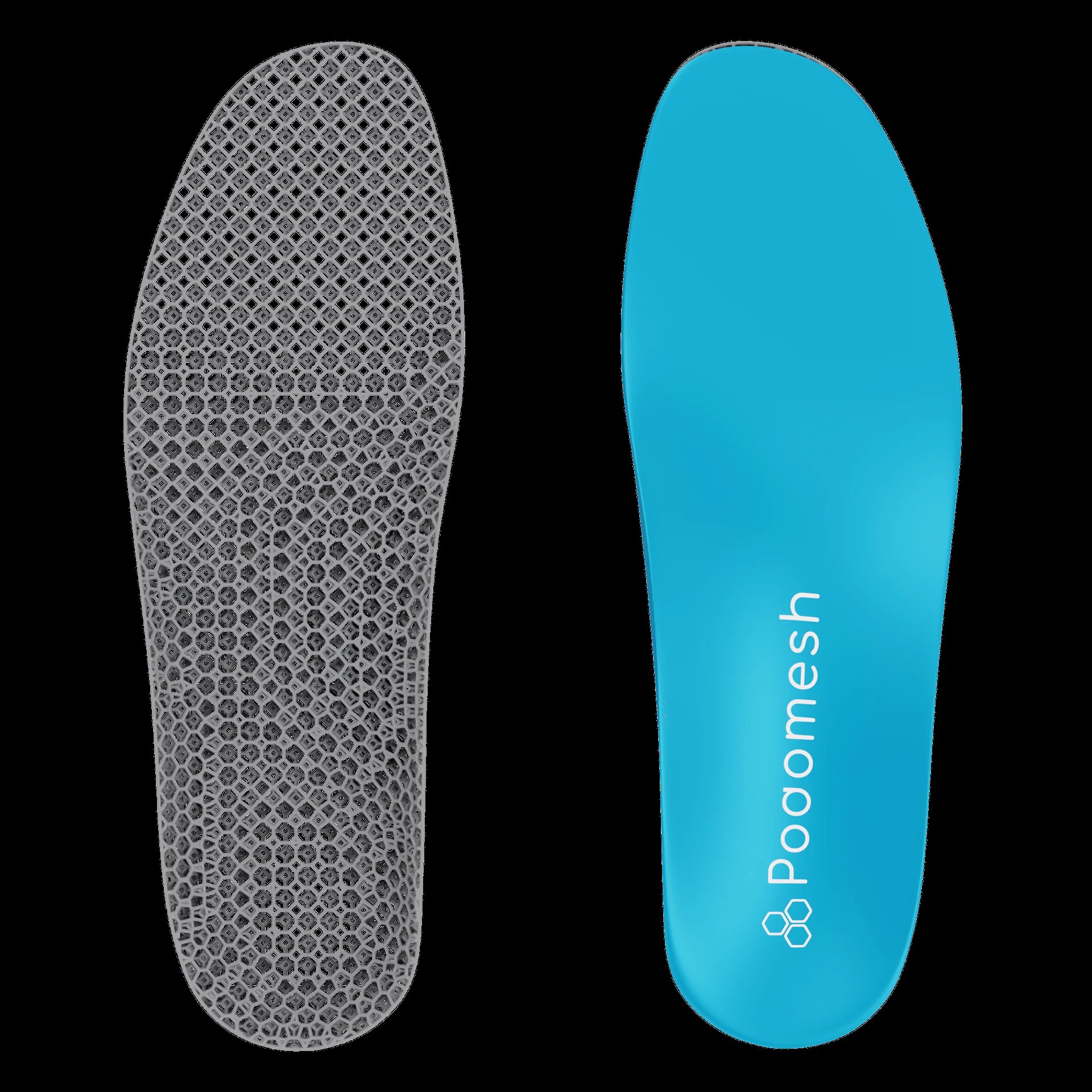Pair of Popmesh shoe insoles shown from top and bottom view, featuring gray textured and bright turquoise sides