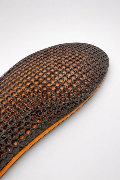 Close-up of a black perforated shoe sole with orange trim and grid pattern holes against white background