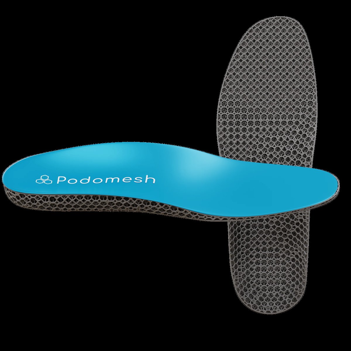 PODOmesh orthotic insole with blue gel cushioning and gray mesh structure shown from above